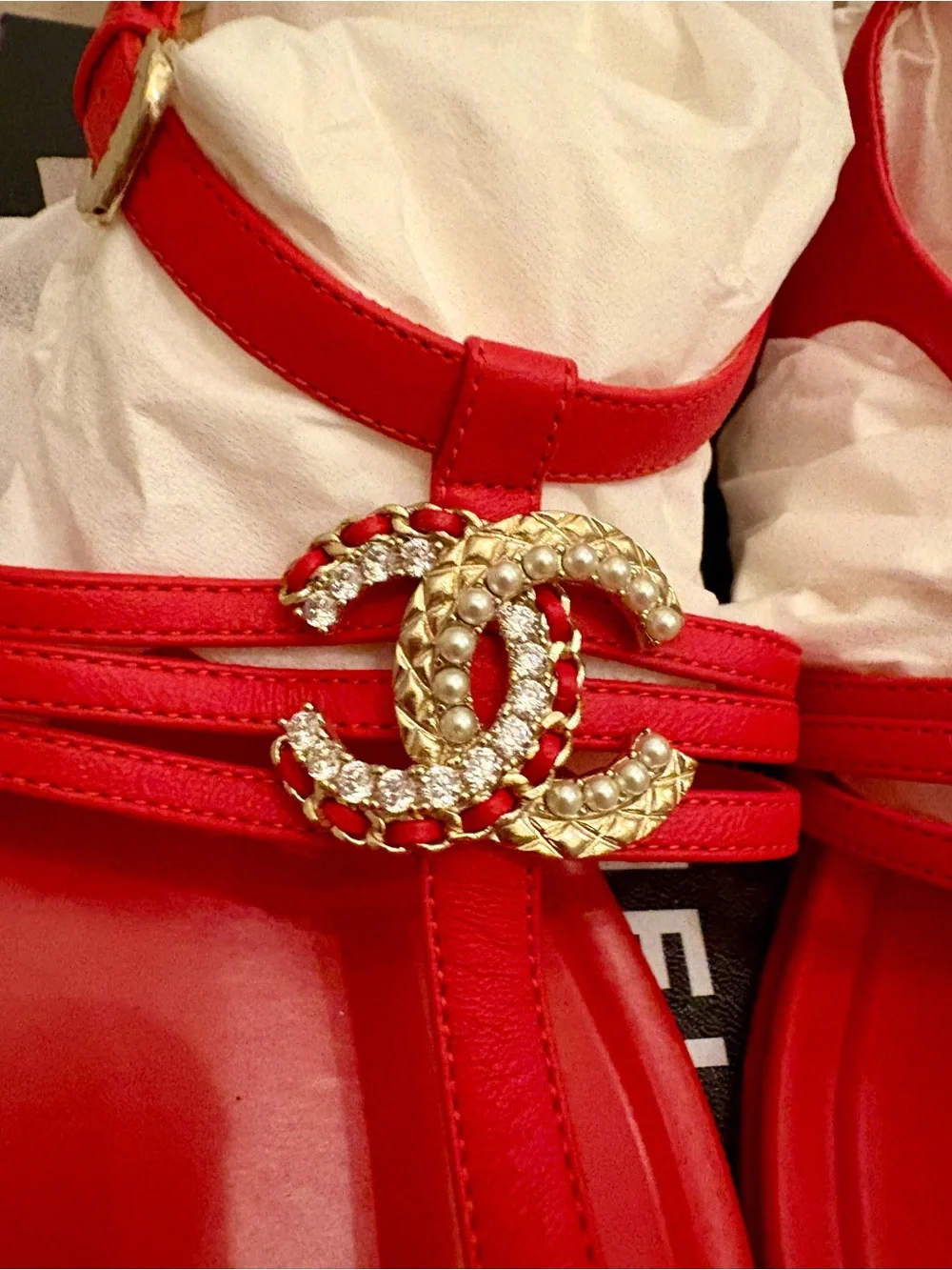 CHANEL Red CC T-Strap Sandals with Crystal Logo